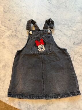 Zara Black Denim Overall Dress with Red Bow Patch